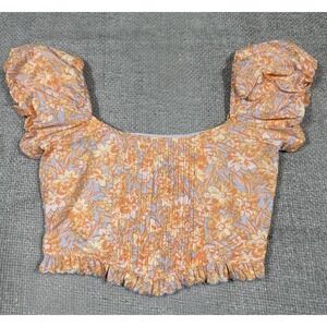 Olivaceous‎ Top Womens L Orange Floral Puff Sleeve Pintuck Crop Coquette Cottage